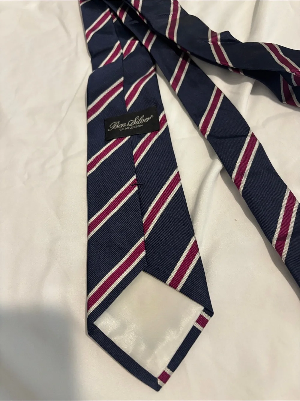 Navy Striped Men's Tie with Burgundy and White Accent